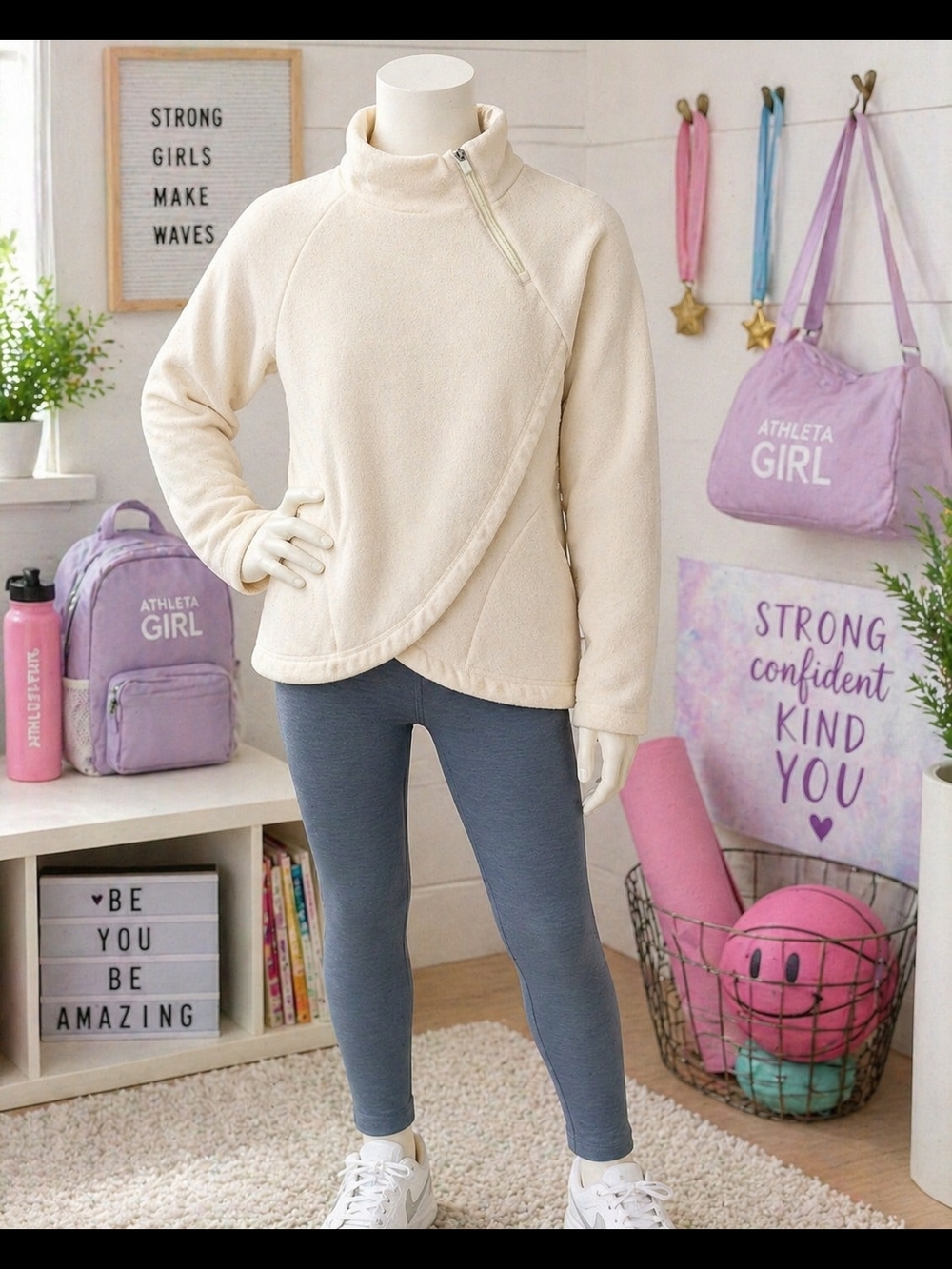 Athleta Girl Cream Fleece Pullover XL 14 Asym Zip Cozy Sweatshirt